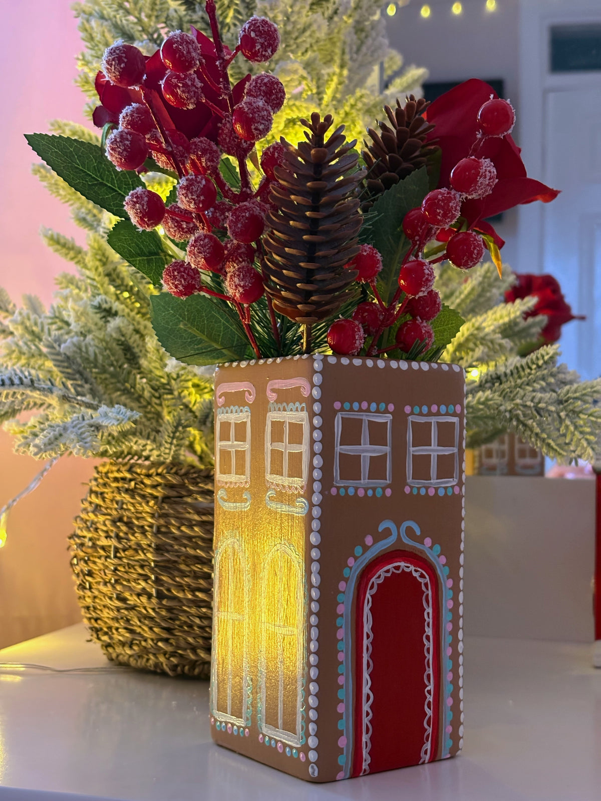 Gingerbread House Christmas Hand Painted Vase