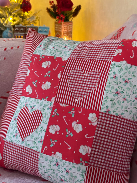Handmade Christmas Heart Appliqué Patchwork Cushion