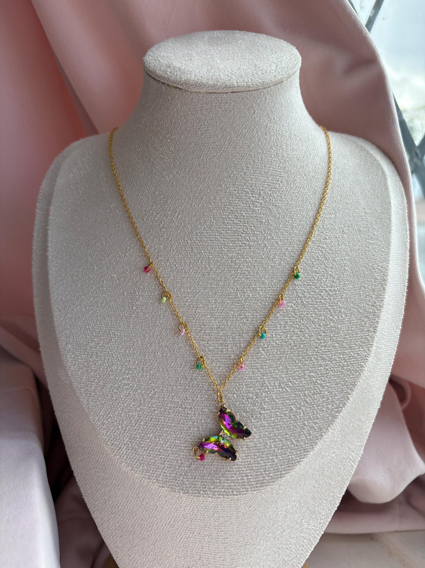 Pink and Green Rainbow Crystal Butterfly Necklace
