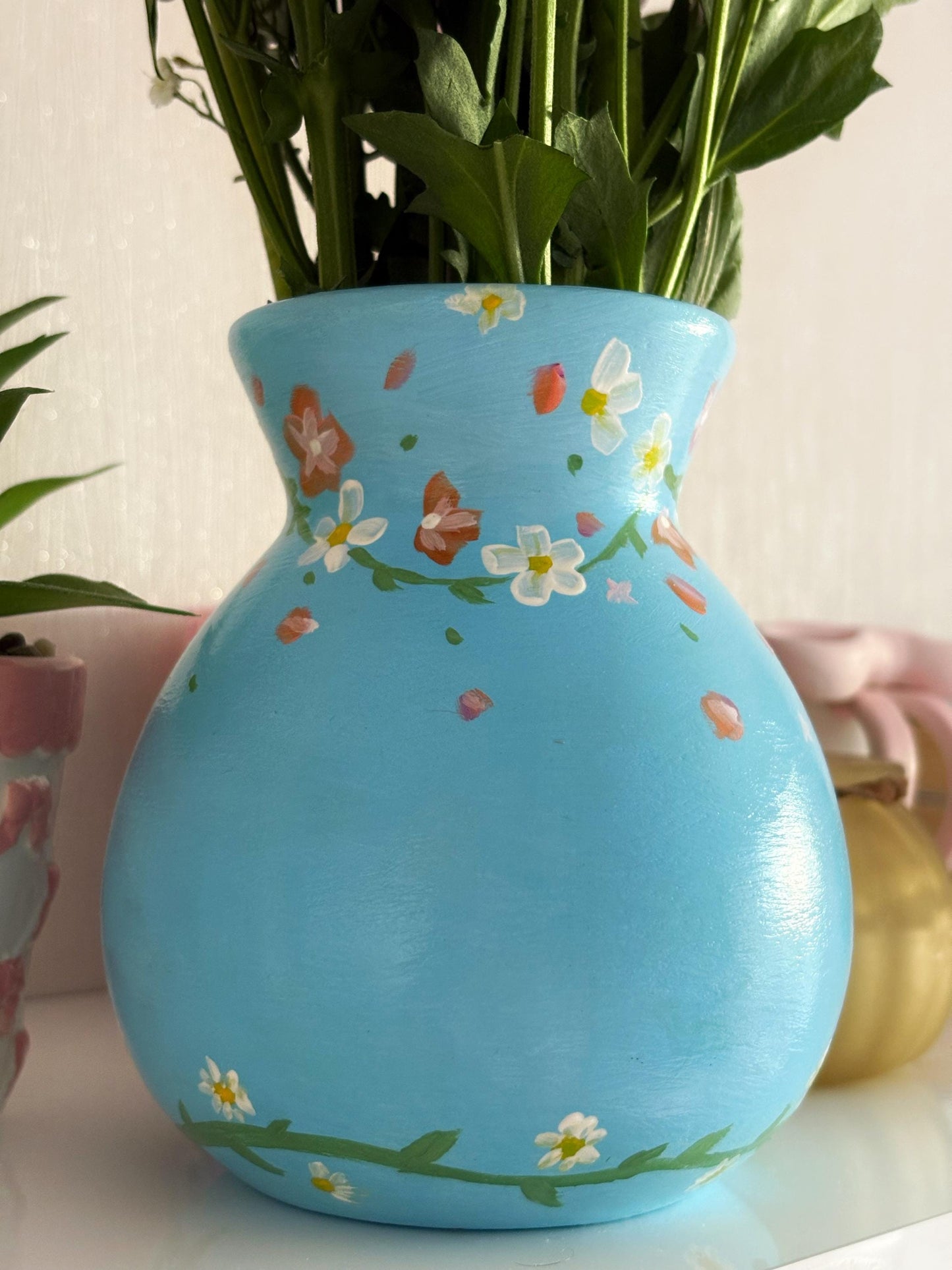 One of a Kind Blue Floral Hand Painted Vase