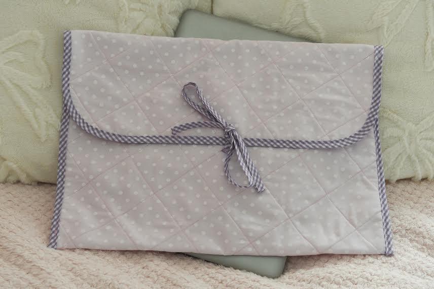 Pink Polka Dot Quilted Laptop Sleeve with Purple Gingham Trim