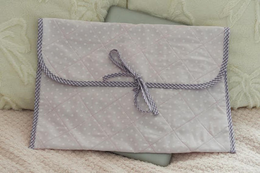 Pink Polka Dot Quilted Laptop Sleeve with Purple Gingham Trim
