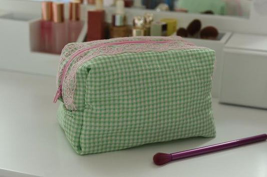 Handmade Pink and Green Gingham Quilted Makeup Bag