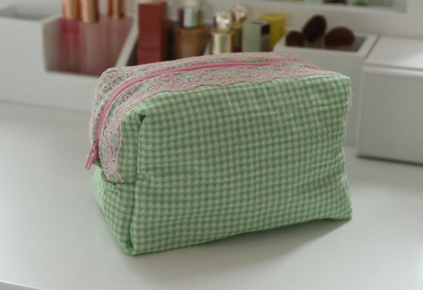 Handmade Pink and Green Gingham Quilted Makeup Bag