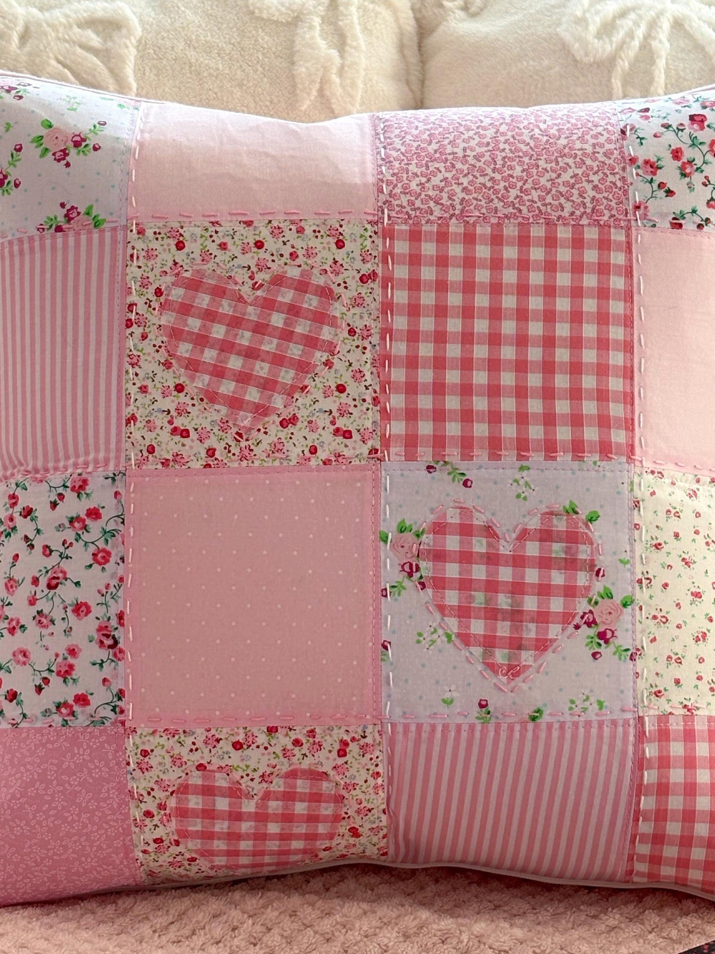Handmade Pink Heart Patchwork Cushion