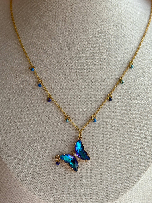 Dark Blue Crystal Butterfly Necklace