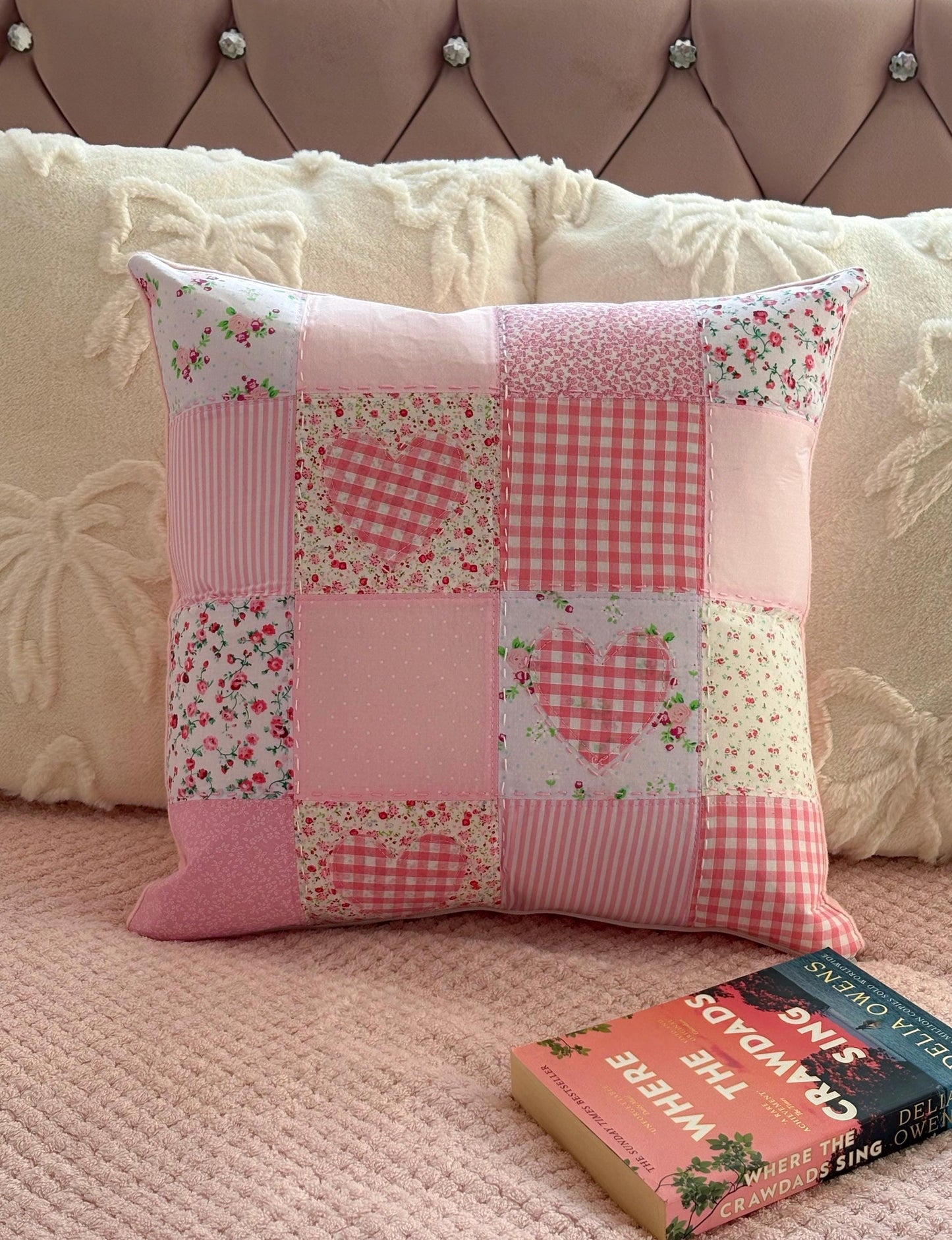 Handmade Pink Heart Patchwork Cushion