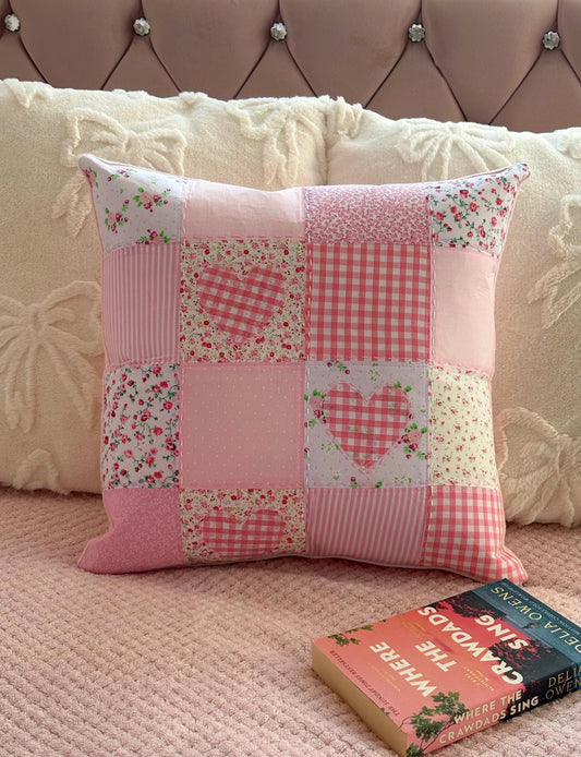 Handmade Pink Heart Patchwork Cushion