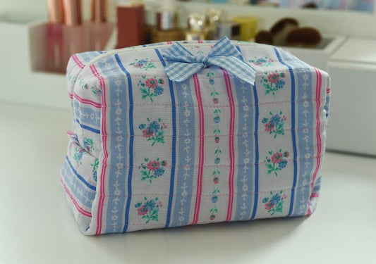 Handmade Blue Floral Quilted Makeup Bag