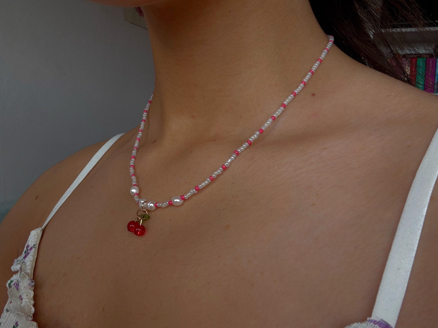 Pearl Beaded Cherry Red and White Necklace