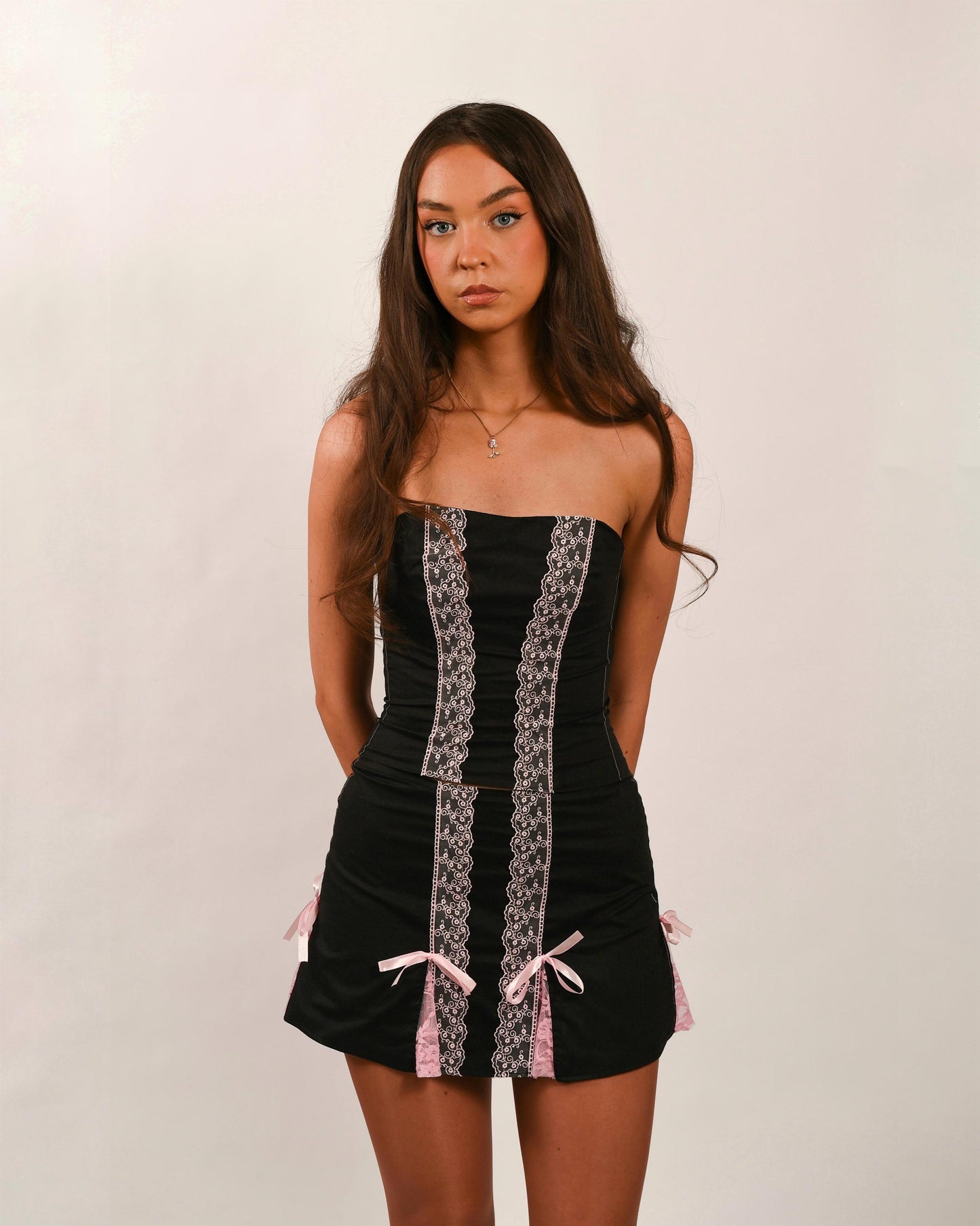 Pirouette Black and Pink Ribbon Lace Godet Mini Skirt