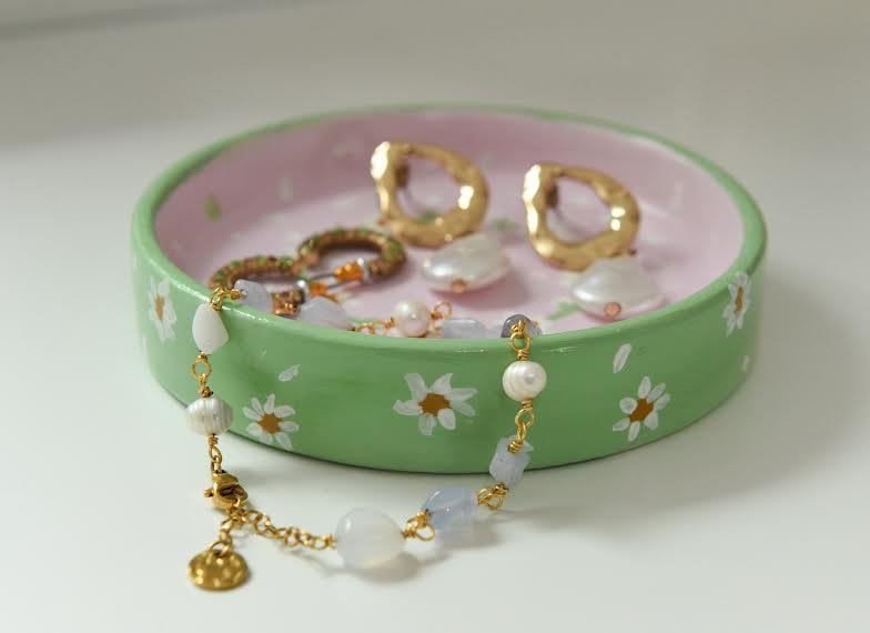 One of a Kind Pink and Green Hand Painted Floral Trinket Soap Dish