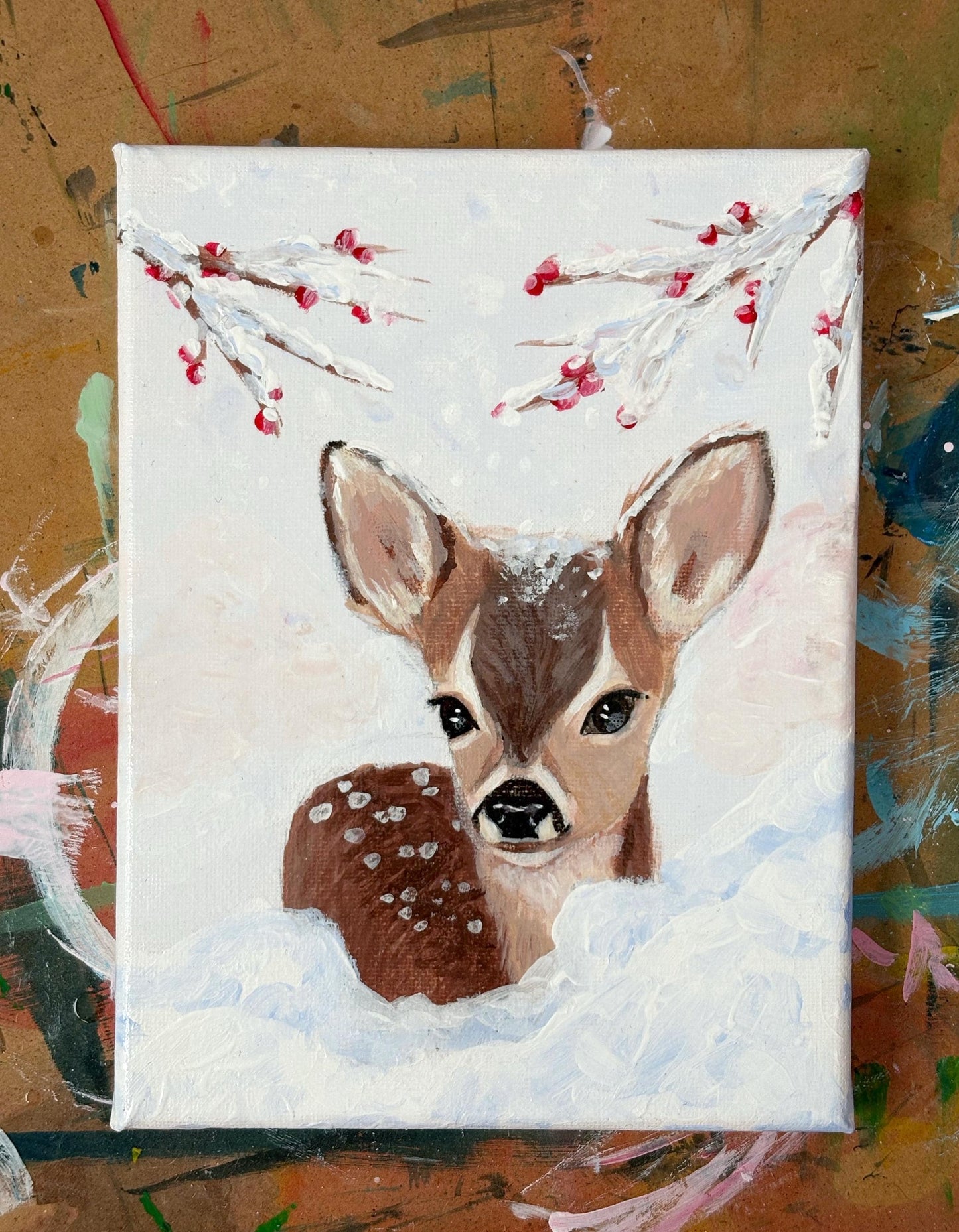 Deer in the Snow Acrylic on Canvas Painting