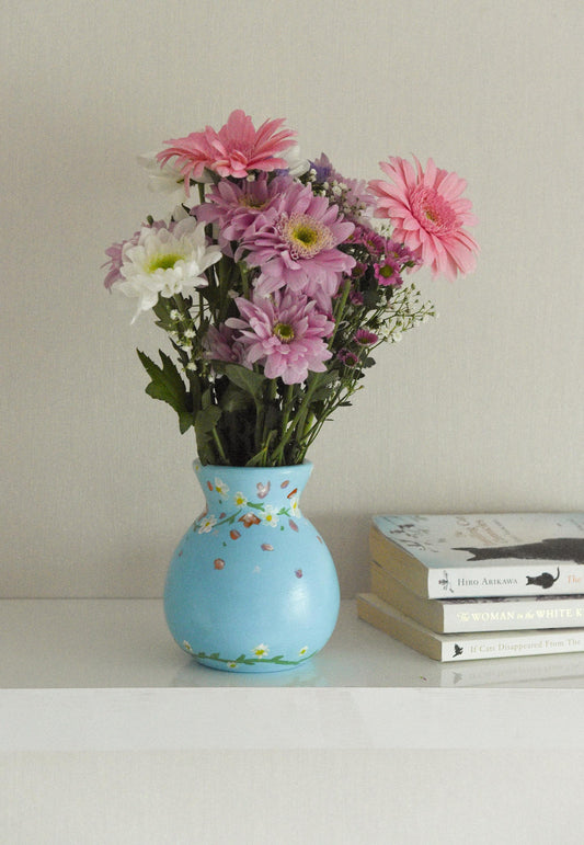 One of a Kind Blue Floral Hand Painted Vase