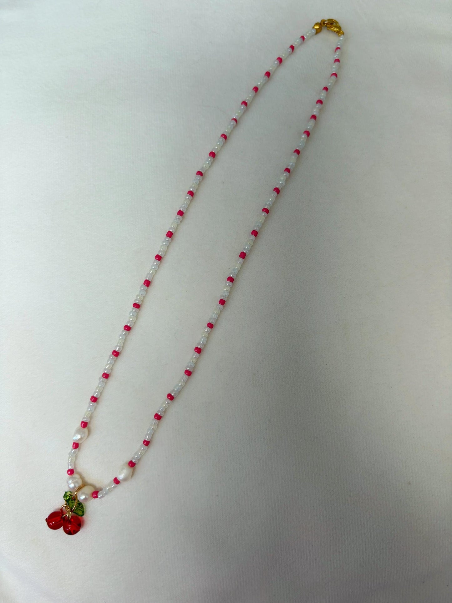 Pearl Beaded Cherry Red and White Necklace