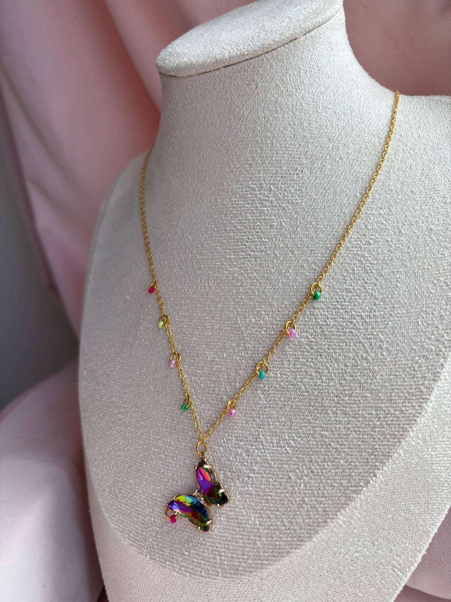 Pink and Green Rainbow Crystal Butterfly Necklace